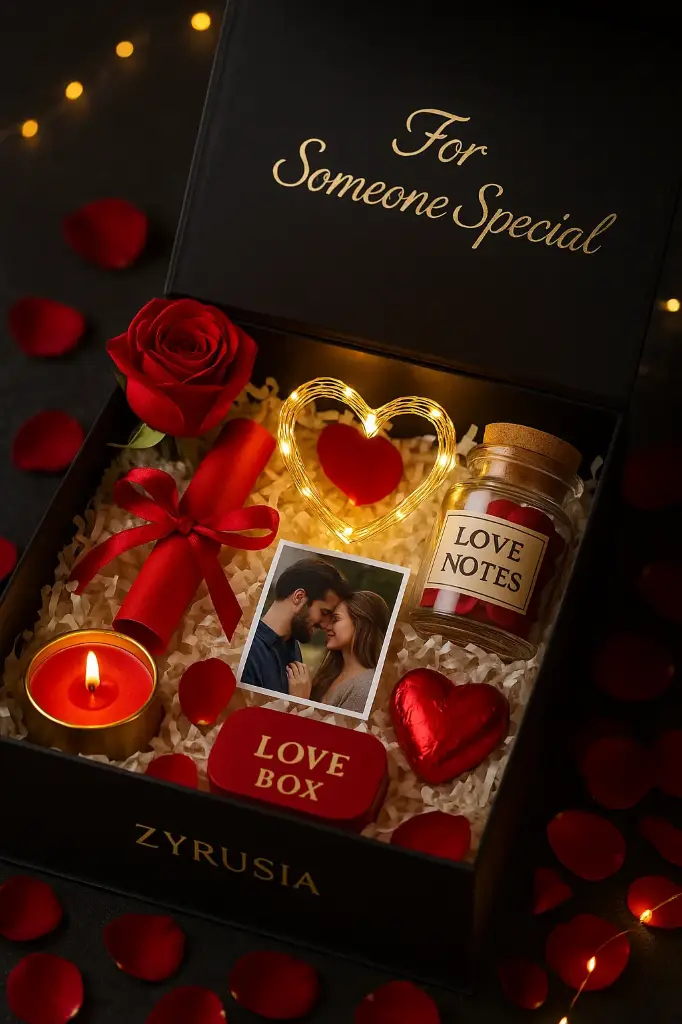 “Zyrusia Luxury Love Box – Romantic Gift Box for Someone Special | LED Heart Light, Love Notes, Rose & Photo Gift”